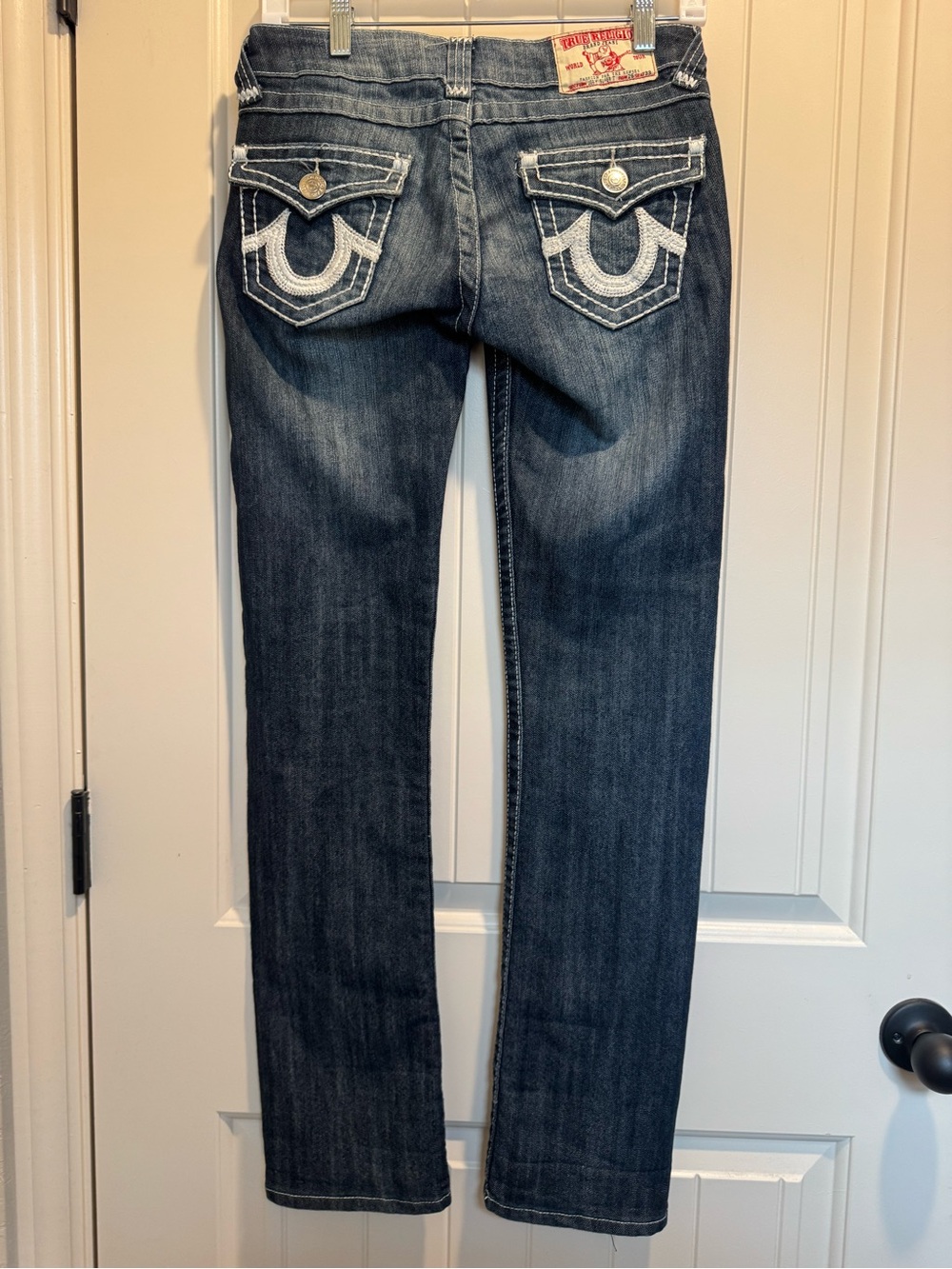 True Religion Dark Blue Straight Leg Jeans with White Pocket Embroidery